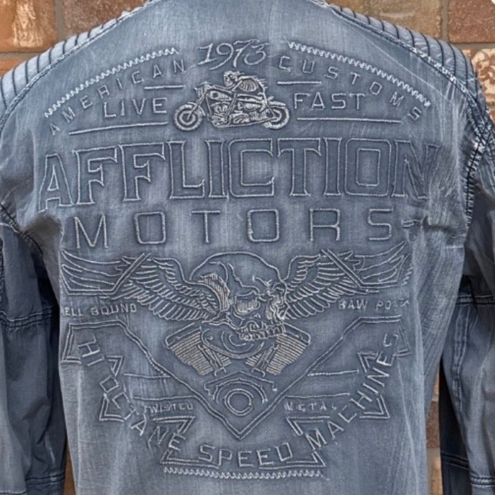 Men's Affliction Motorcycle Blue Casual Button Down Shirt Size Large
